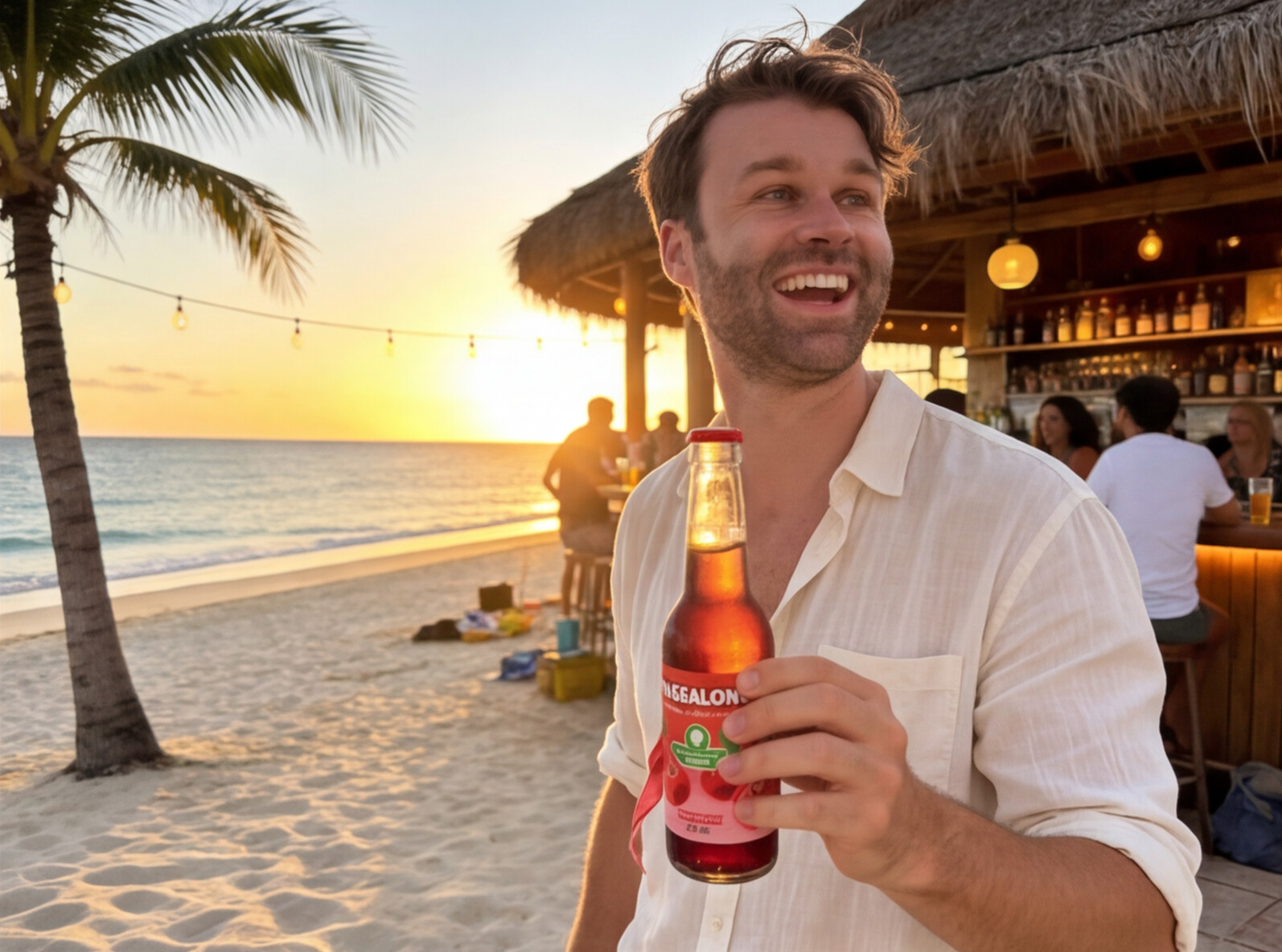 Man die Passalong drinkt op het strand bij de tikibar