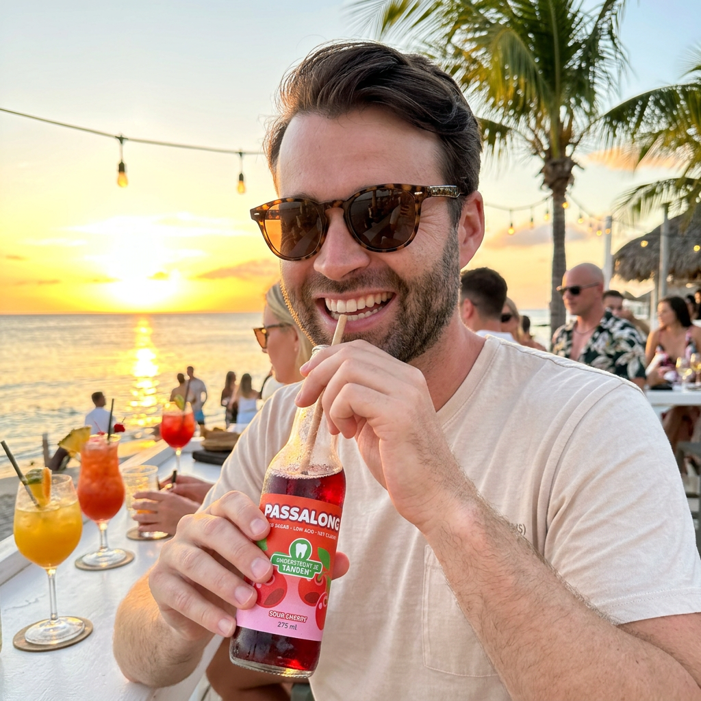 Man met Passalong Sour Cherry bij zonsondergang aan de strandbar
